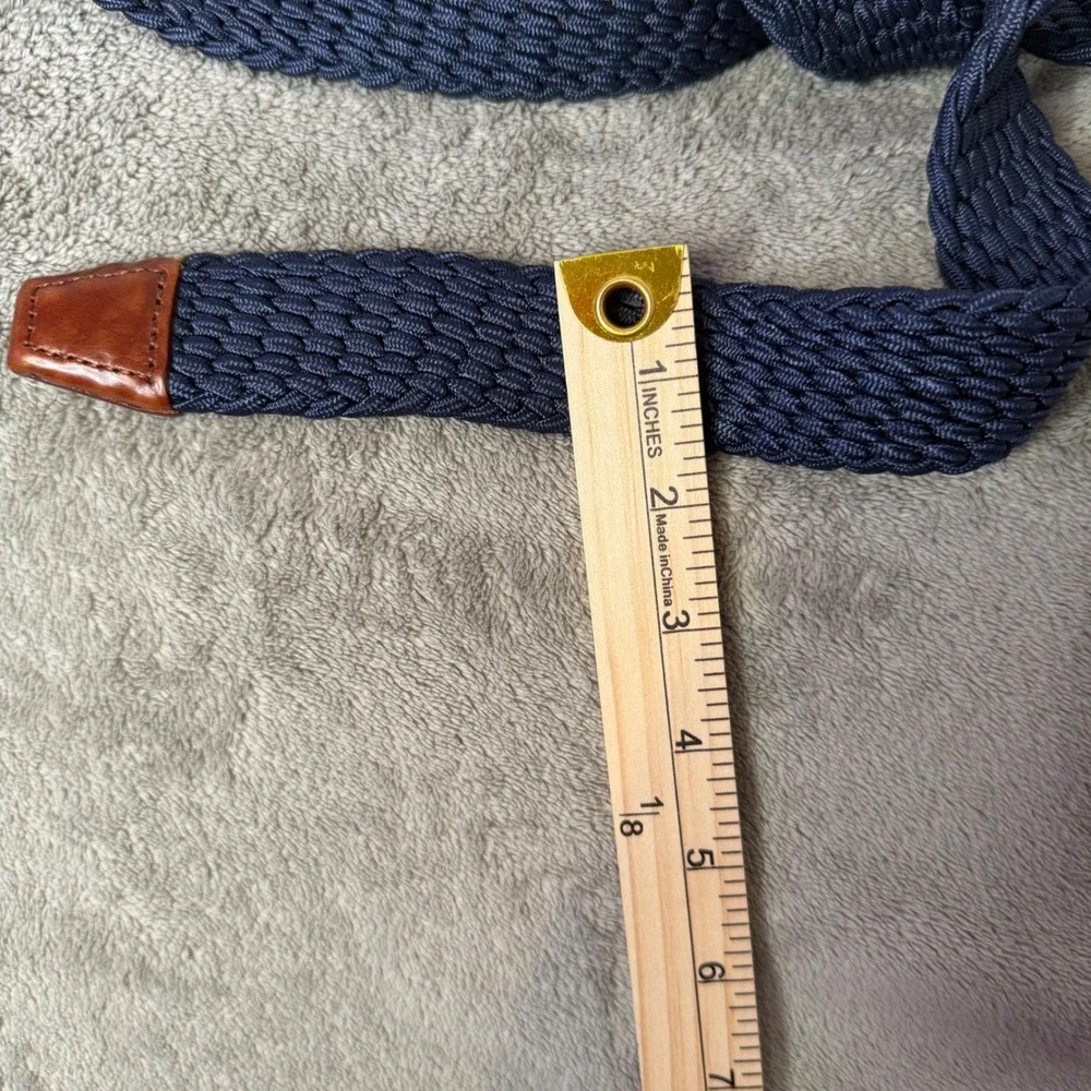 Johnston & Murphy Woven Belt Mens 40 Navy Blue Braided Elastic Leather Trim